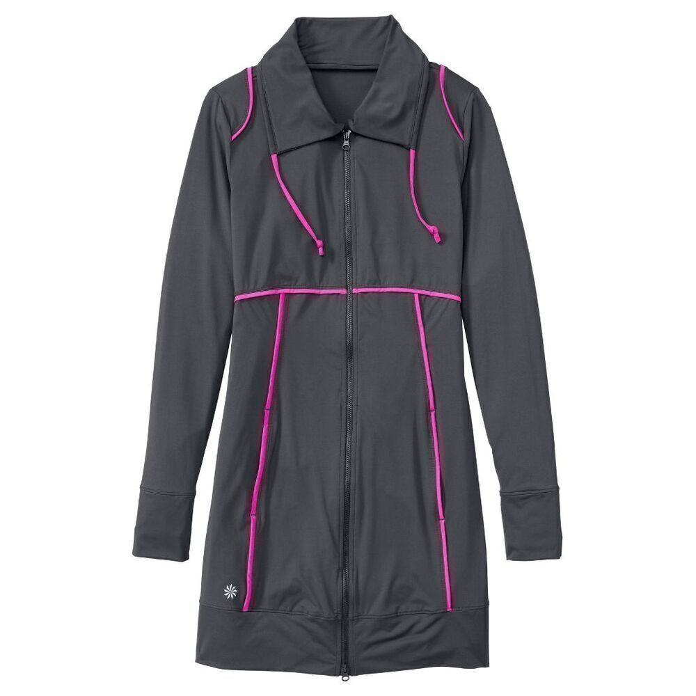 Athleta Spinnaker Long Sun Jacket Womens Gray Asphalt‎ Hot Pink Zip Size XXS
